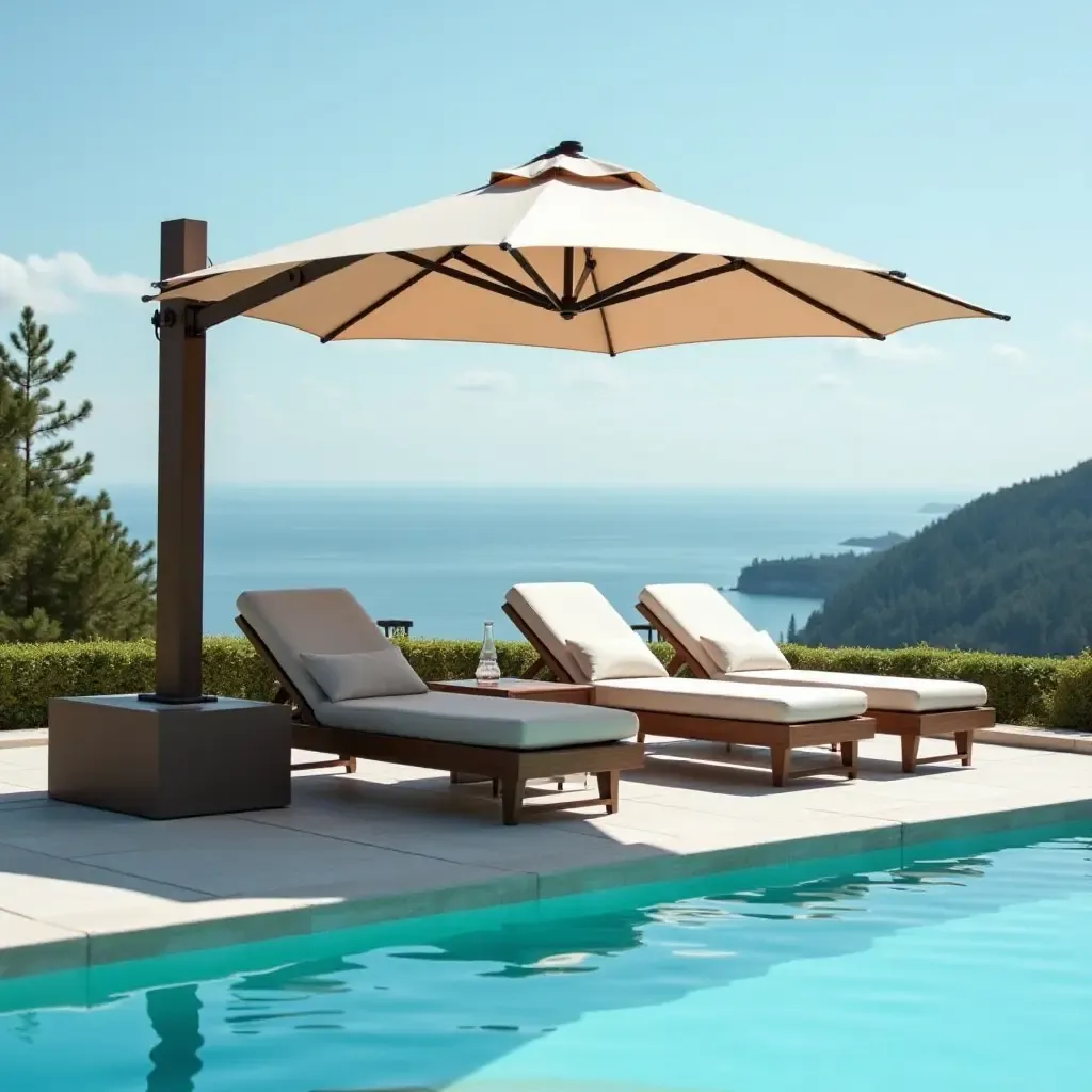 a photo of a stylish poolside umbrella with integrated storage