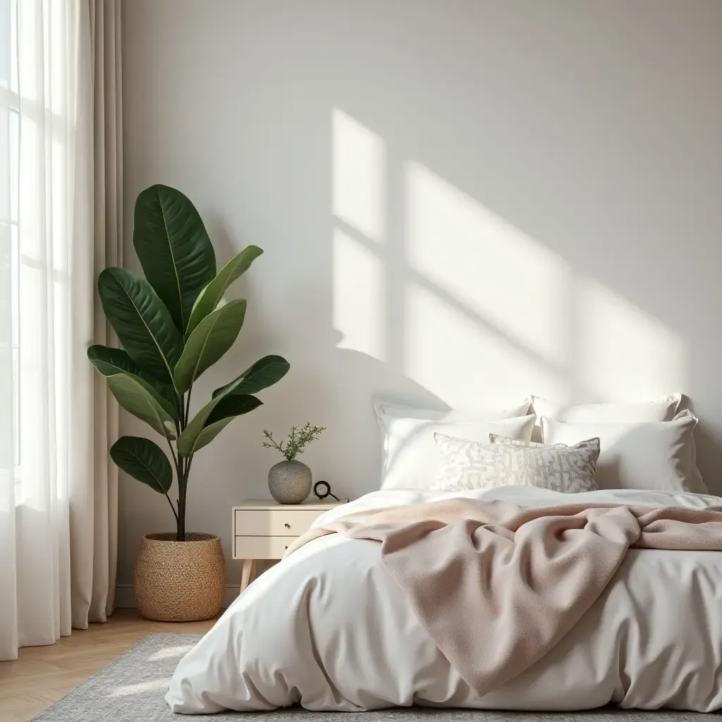 a photo of a chic bedroom with a large leafy plant in the corner