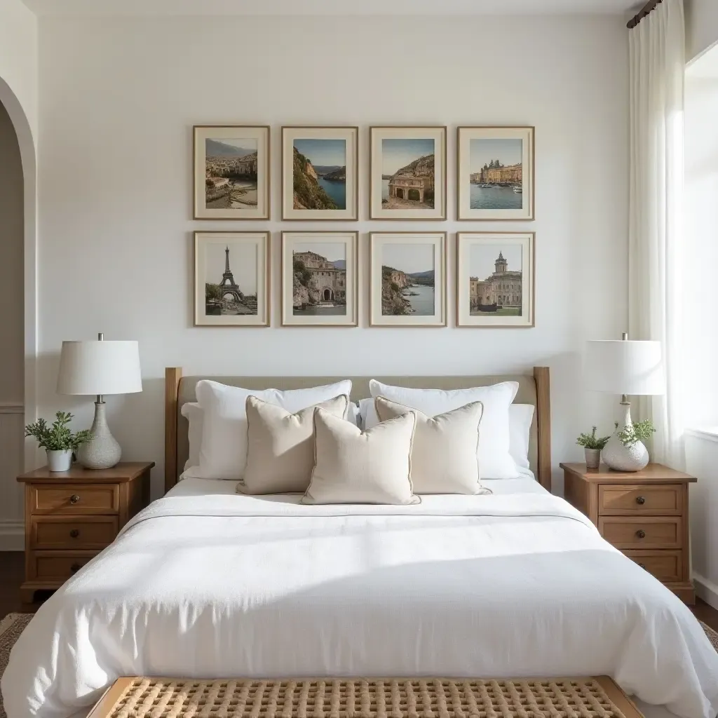 a photo of a Mediterranean bedroom featuring a gallery wall of travel photos