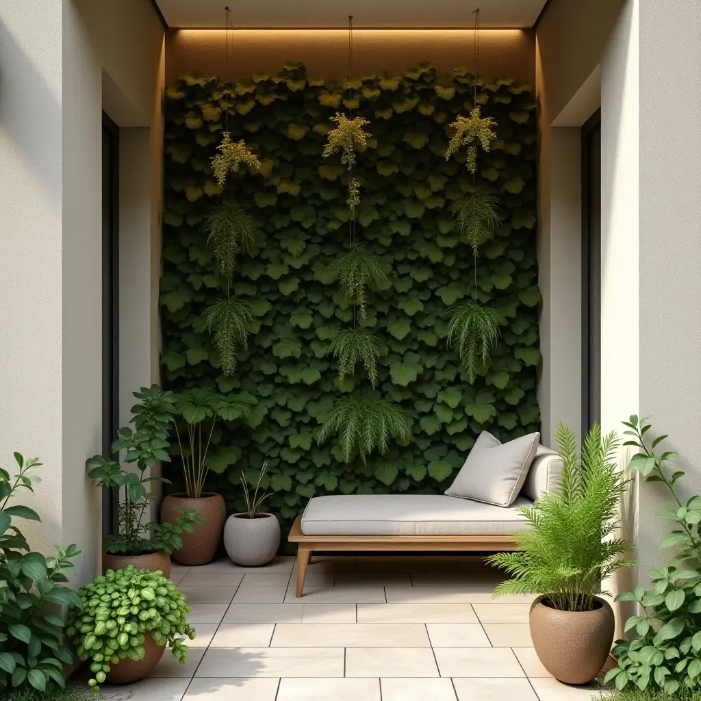 a photo of a cozy nook with a herb garden wall in the corridor