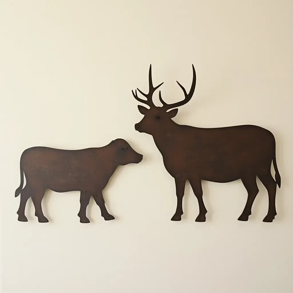 a photo of rustic metal wall art featuring farm animals