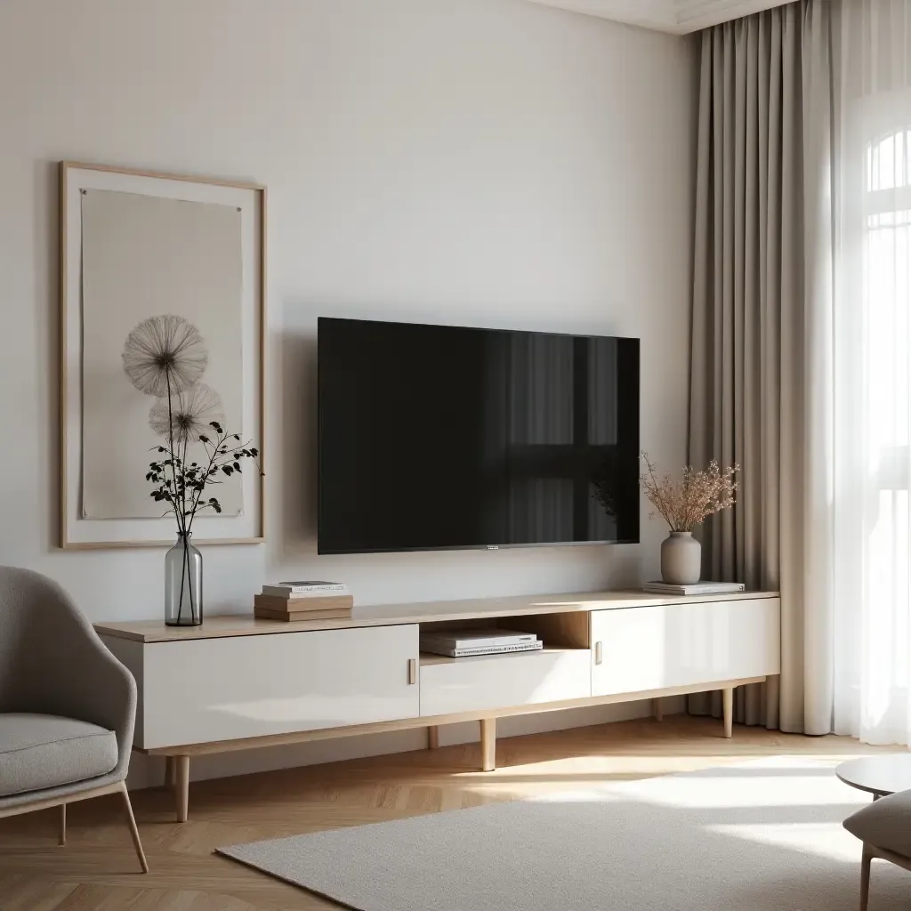 a photo of a Scandinavian-inspired small living room with a TV integrated into a sideboard