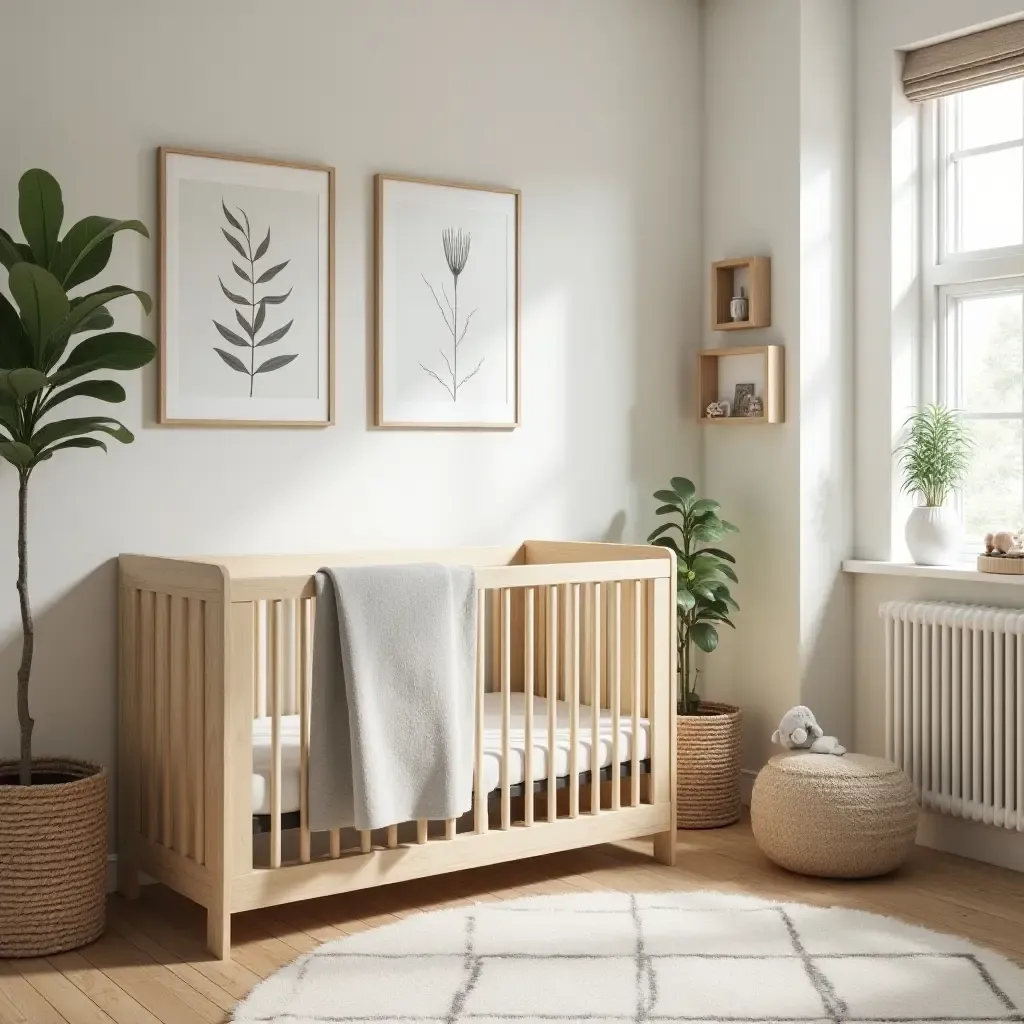 a photo of a nursery featuring a nature-inspired color scheme and decor