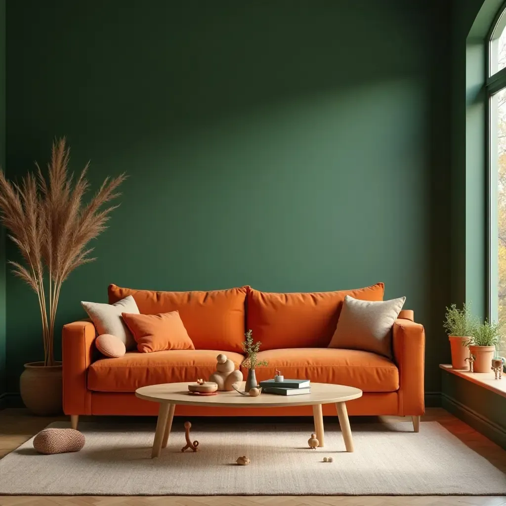 a photo of a family-friendly living room with dark green walls and burnt orange toys