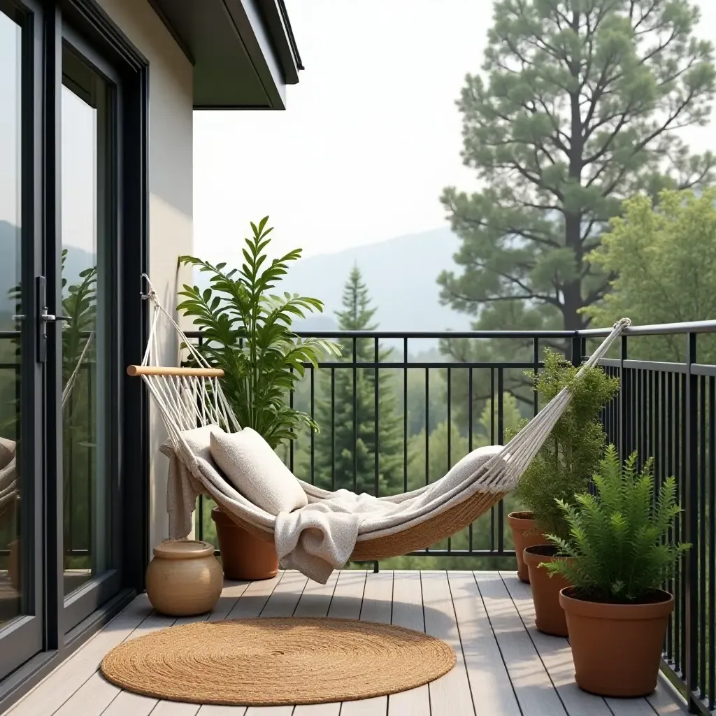 a photo of a modern balcony with a hammock and potted plants