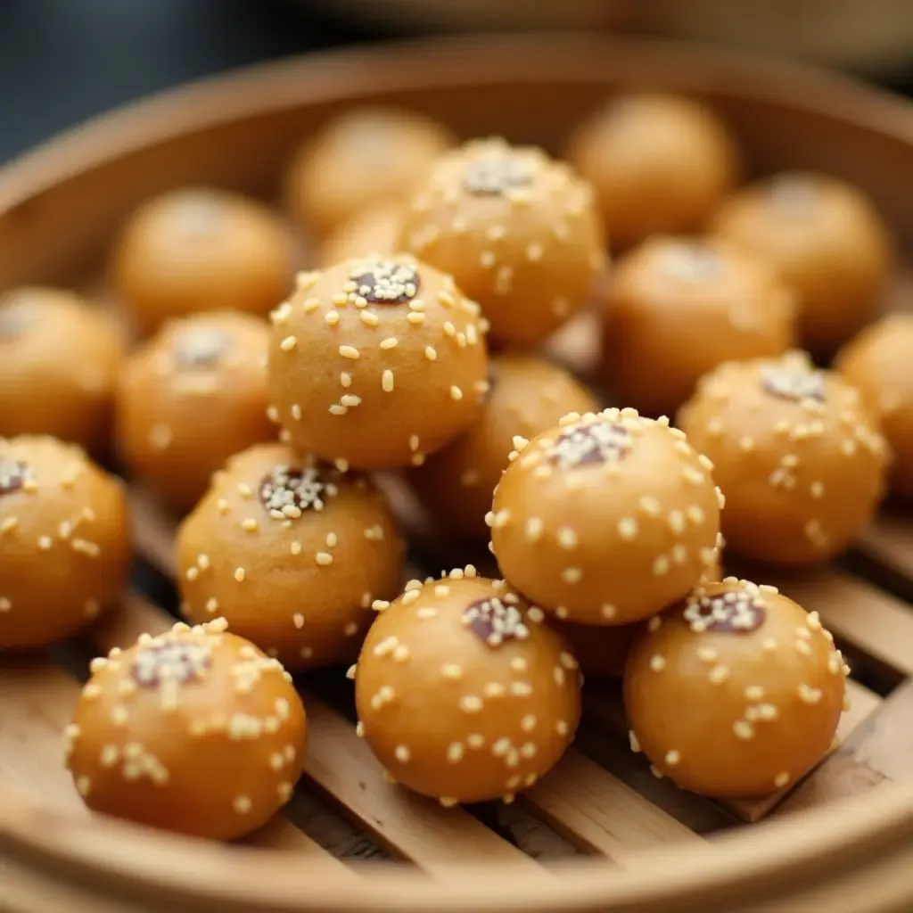 a photo of sticky Sesame Balls filled with red bean paste, resting on a bamboo steamer.