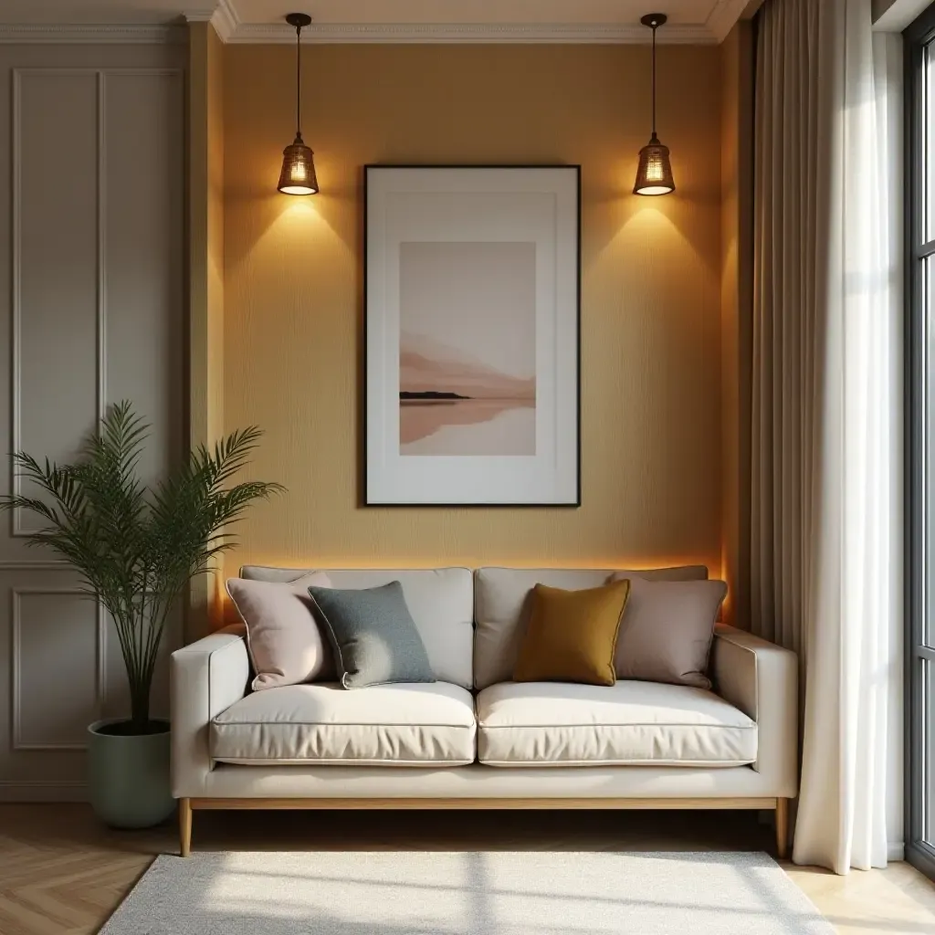 a photo of a stylish reading nook with gold accents and cozy cushions