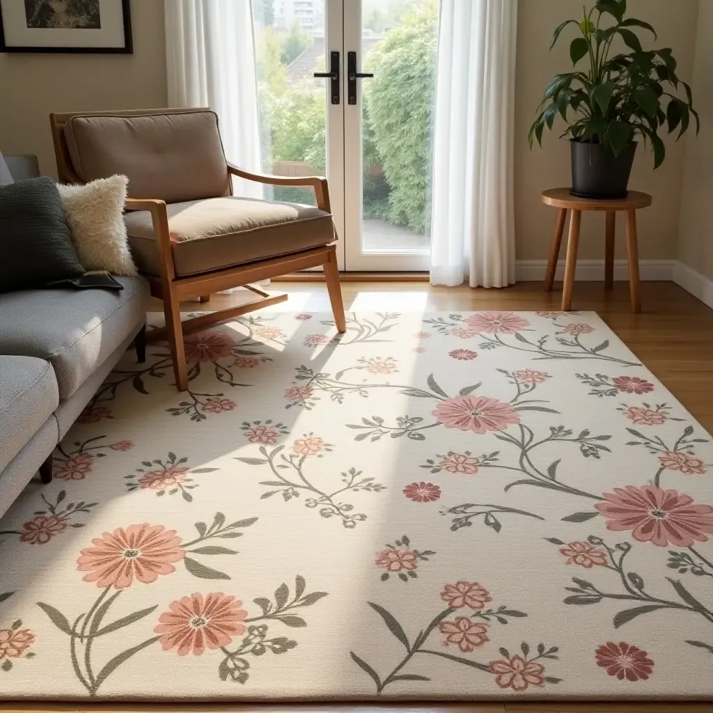 a photo of a soft, muted rug with floral patterns in a reading area