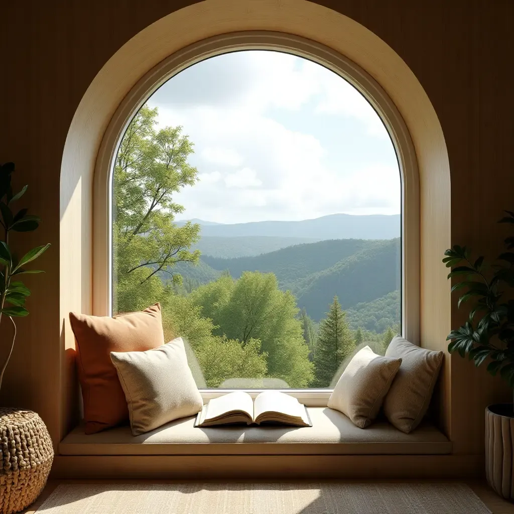 a photo of a reading nook featuring a window with a beautiful view