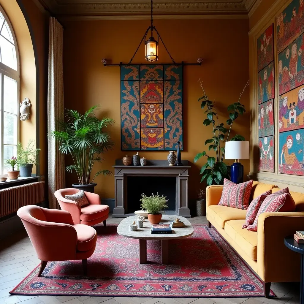 a photo of a vibrant space with ethnic prints and textures