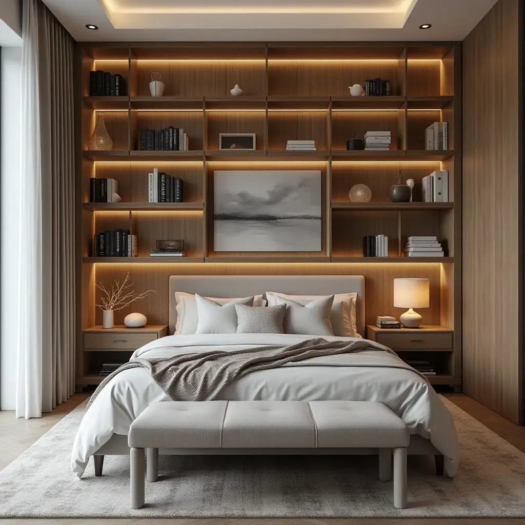 a photo of a contemporary bedroom with open shelving for books and decor