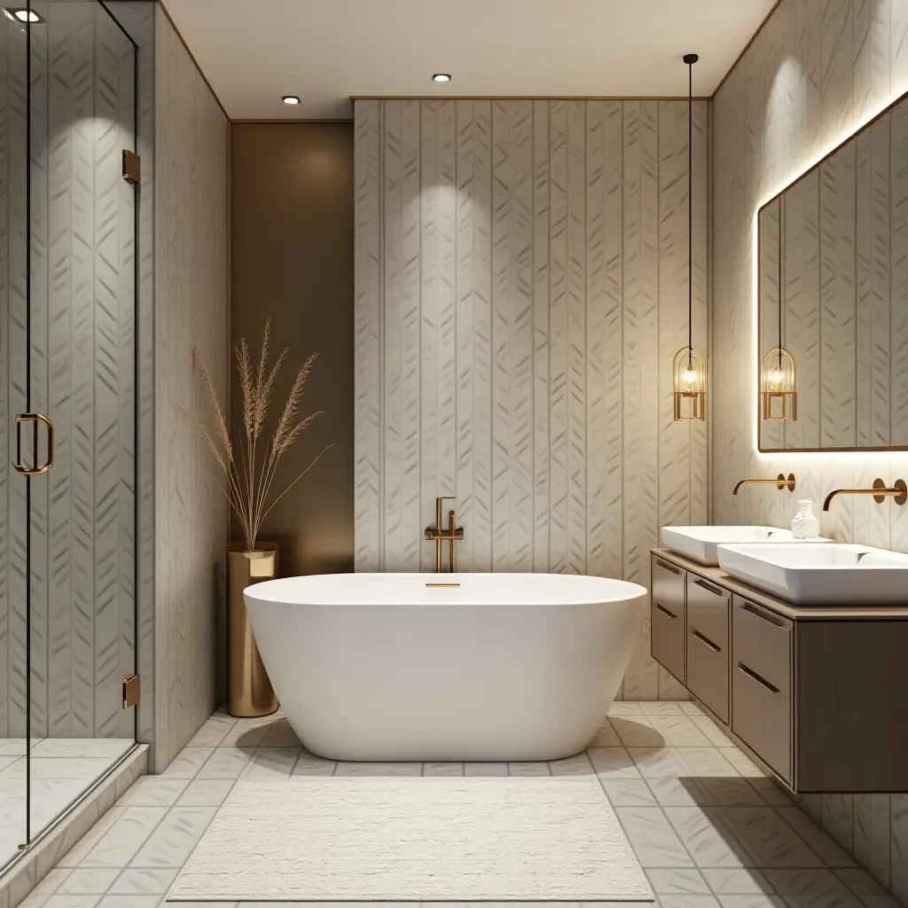 a photo of a contemporary bathroom with metallic accents and geometric patterns