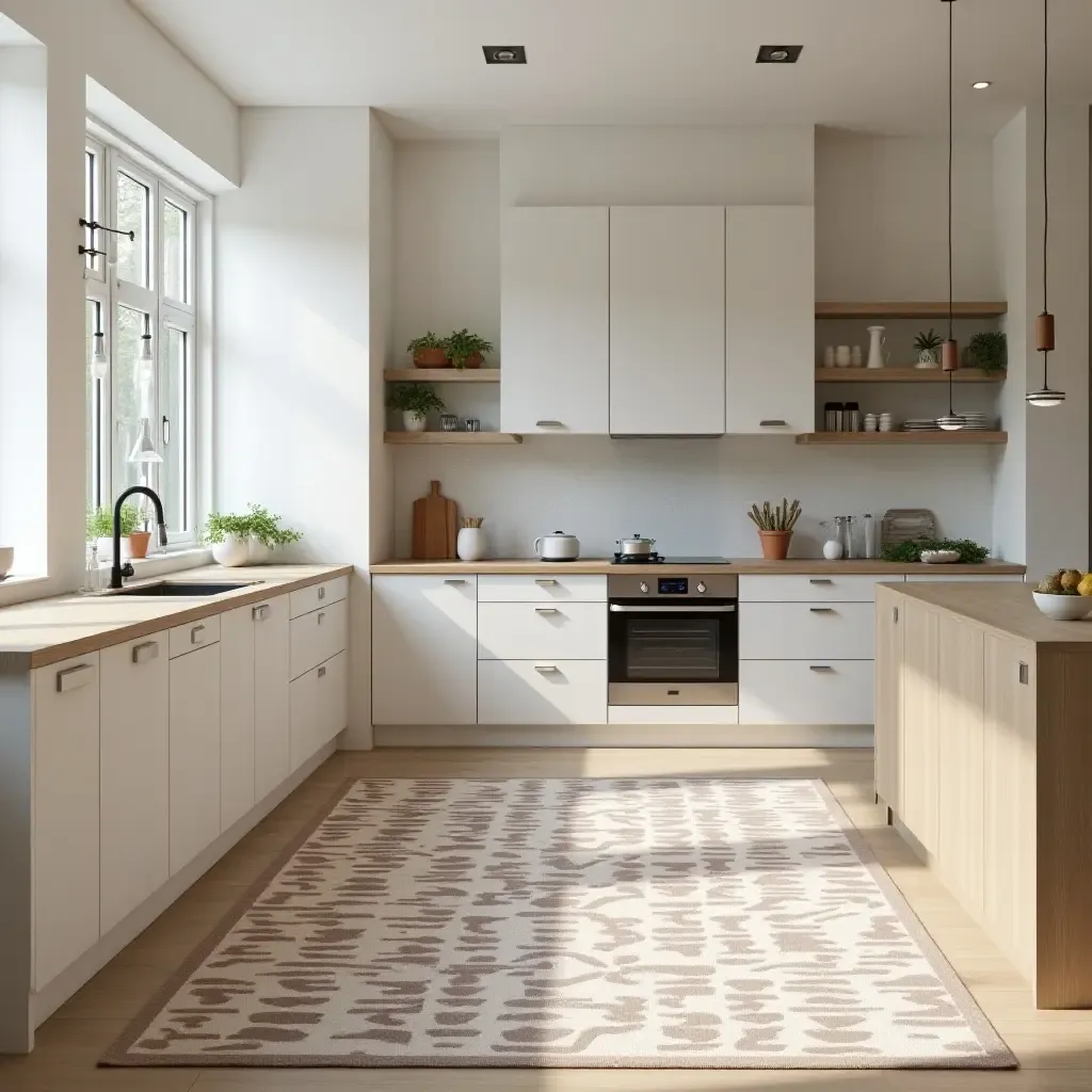 a photo of a kitchen with a chic, modern rug design