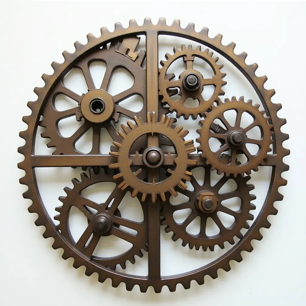 a photo of metal wall art featuring gears and cogs