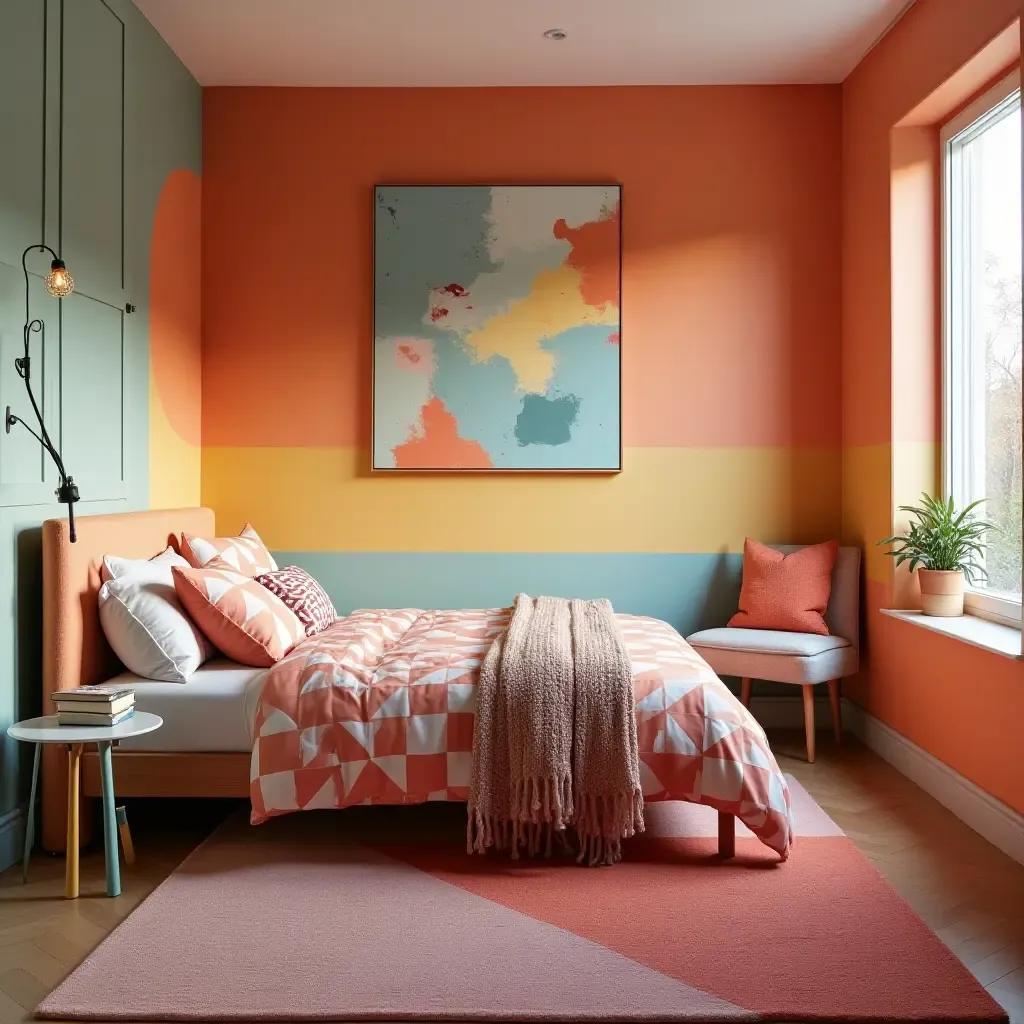 a photo of a modern teen bedroom with vibrant colors and geometric patterns