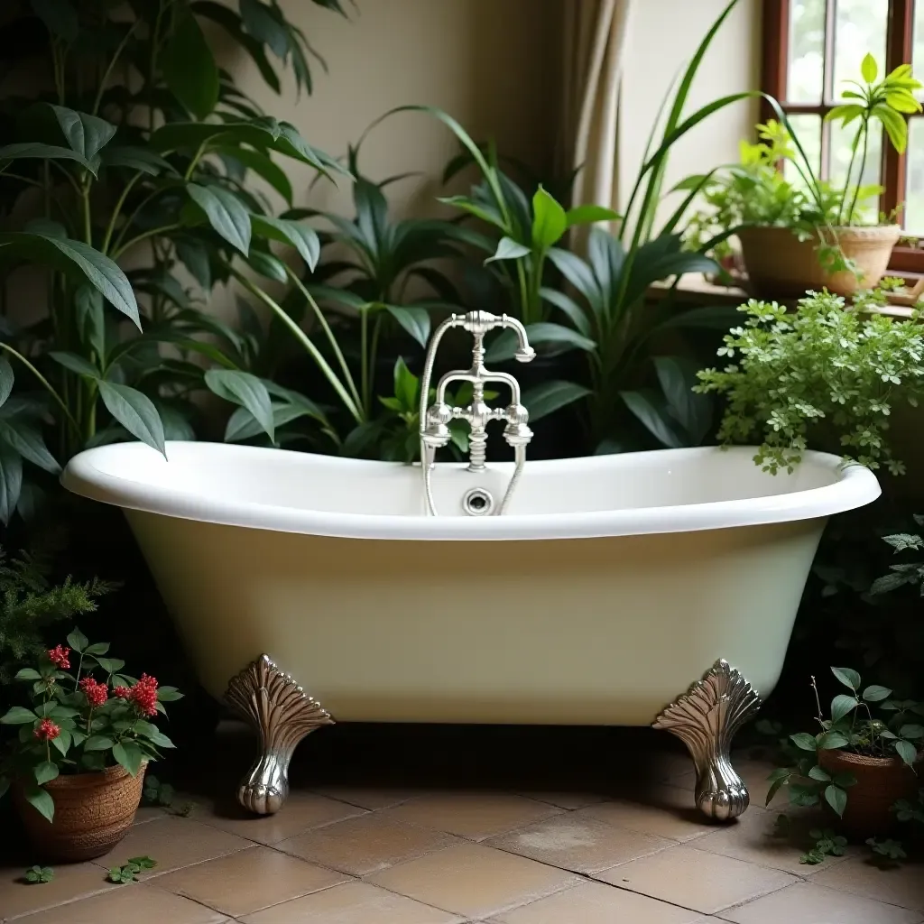 a photo of a vintage clawfoot tub surrounded by greenery