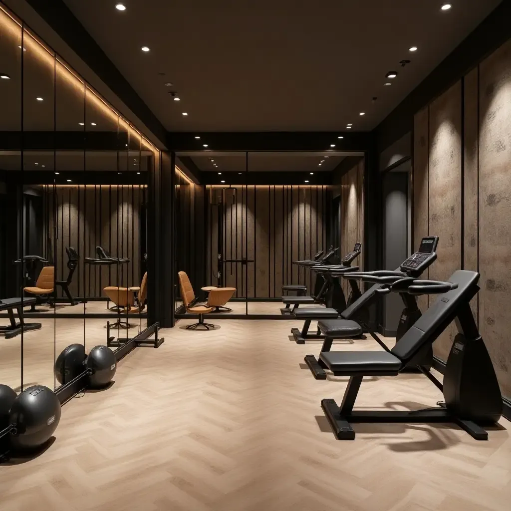 a photo of a stylish basement gym with mirrored walls and chic workout equipment