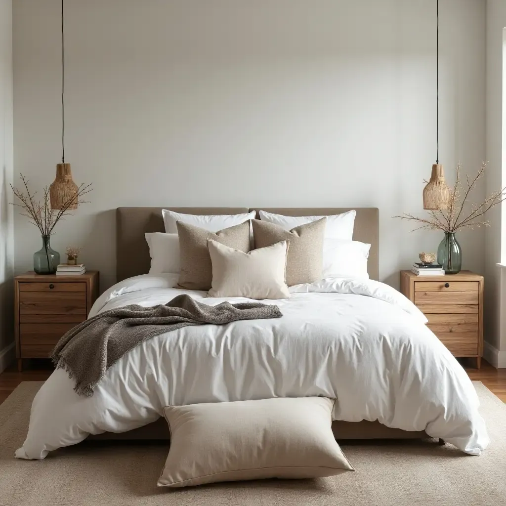 a photo of a bedroom with layered bedding and oversized floor pillows