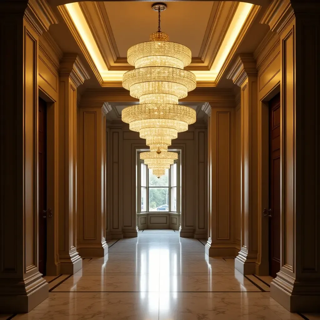 a photo of a multi-tiered chandelier in an opulent entrance hall