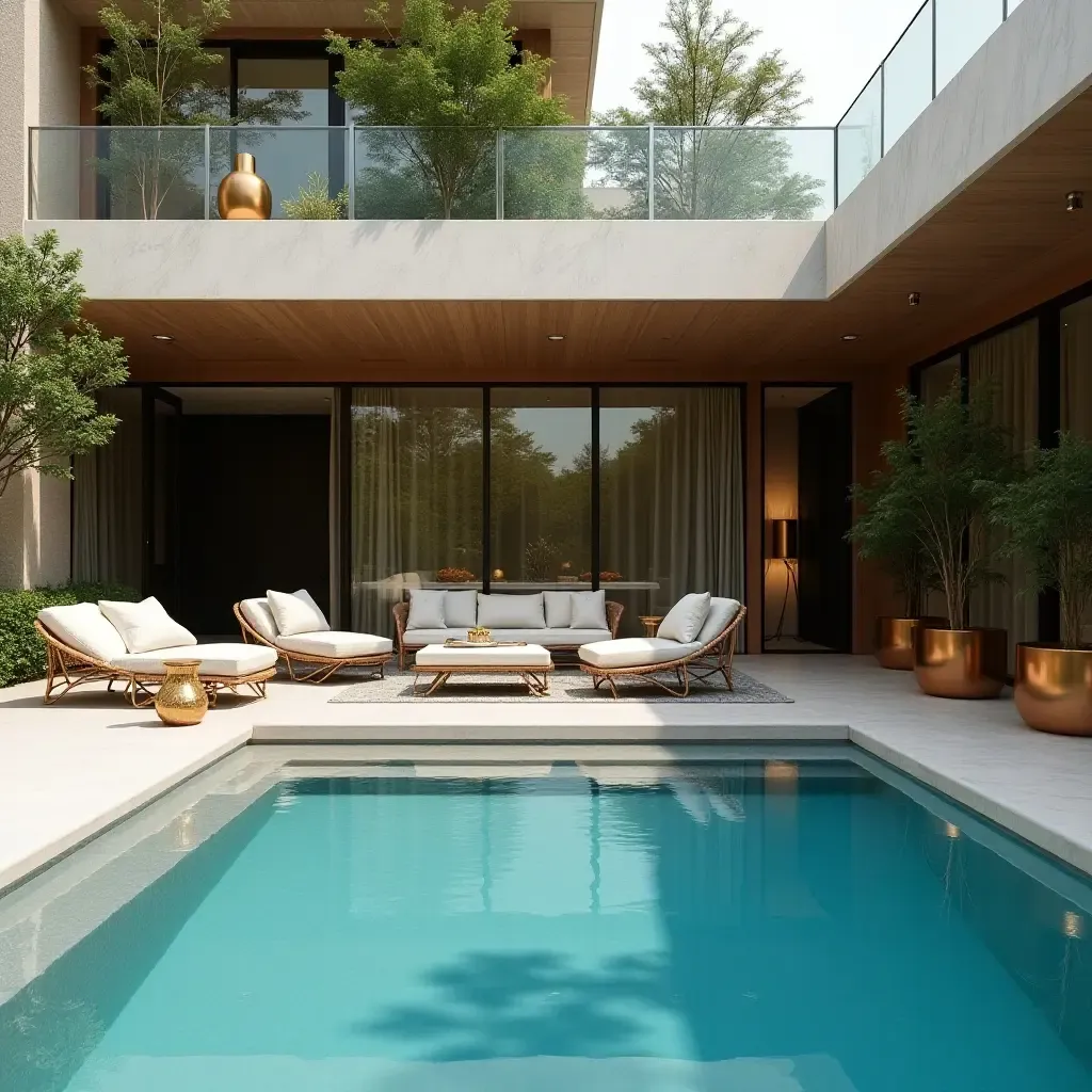 a photo of a luxurious pool area with metallic accents and elegant furniture