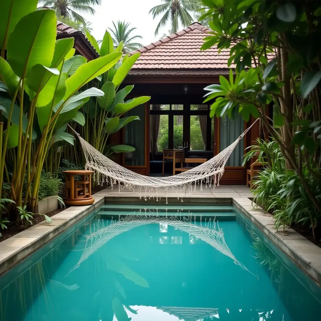 a photo of a small pool featuring a hammock for relaxation