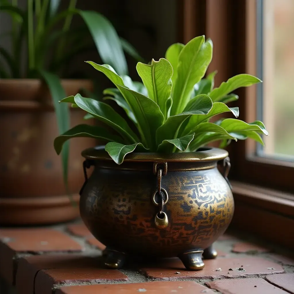 a photo of a cozy corner with a cauldron-shaped plant holder