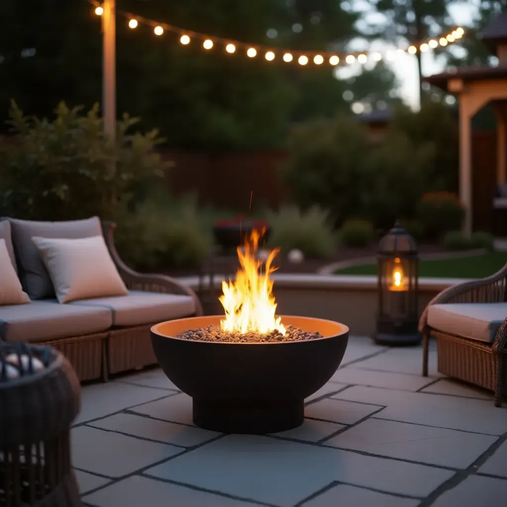 a photo of a compact fire bowl creating ambiance on a 12x12 patio