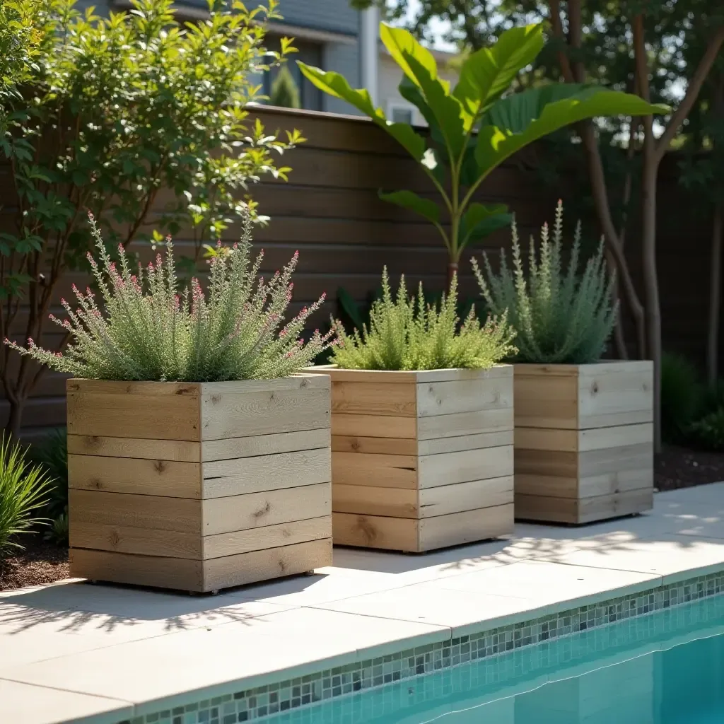 a photo of an artistic arrangement of poolside storage bins