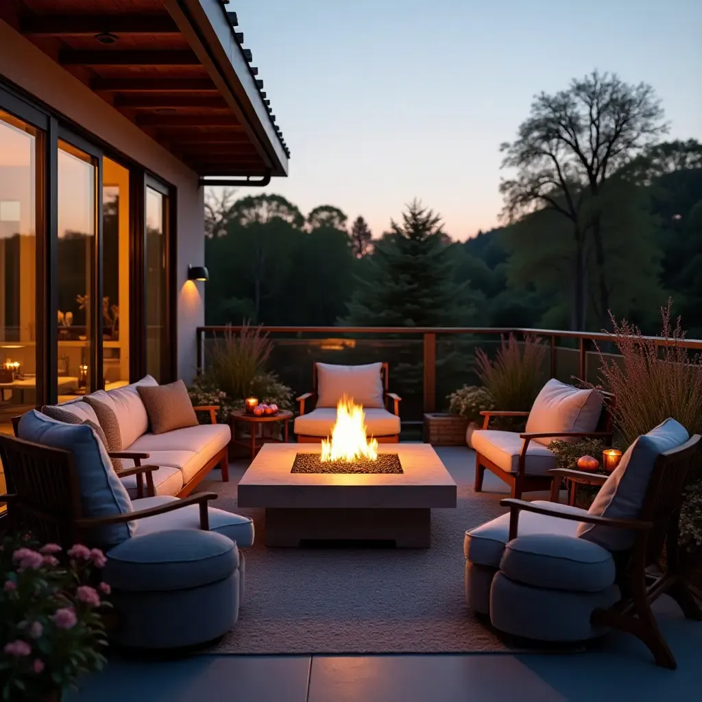 a photo of a balcony with a cozy fire pit surrounded by comfortable seating