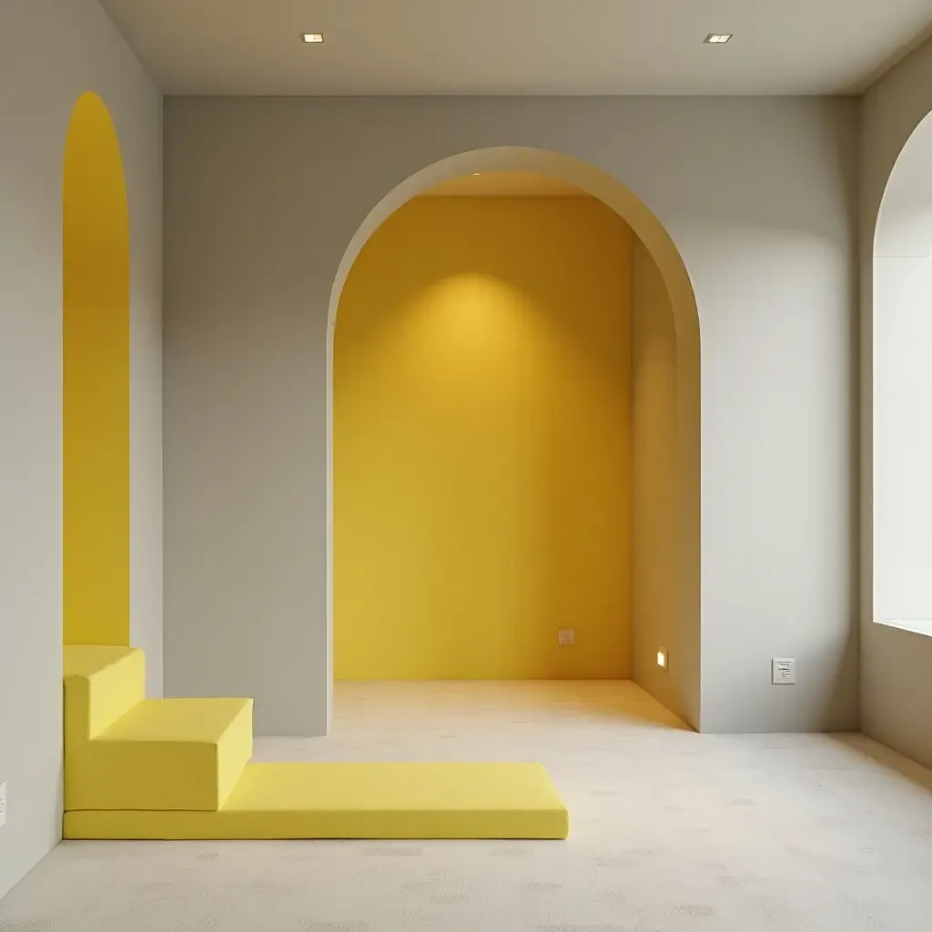 a photo of a minimalist basement in soft gray and bright lemon yellow