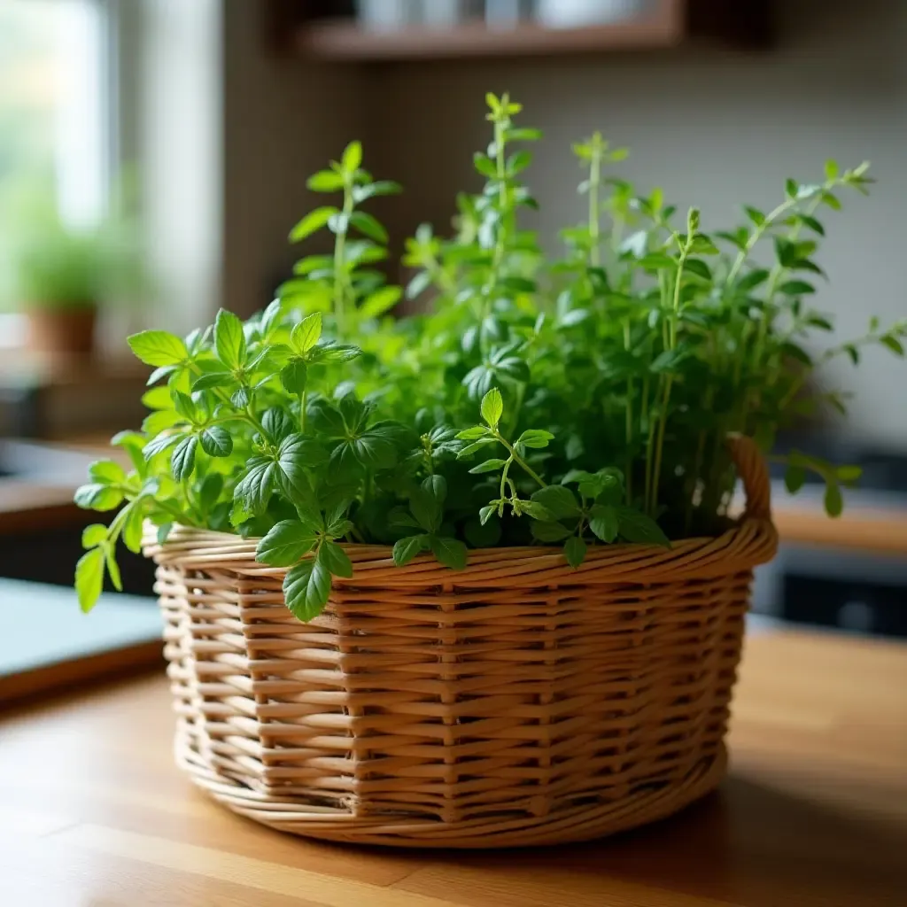 a photo of a kitchen with a woven basket full of herbs