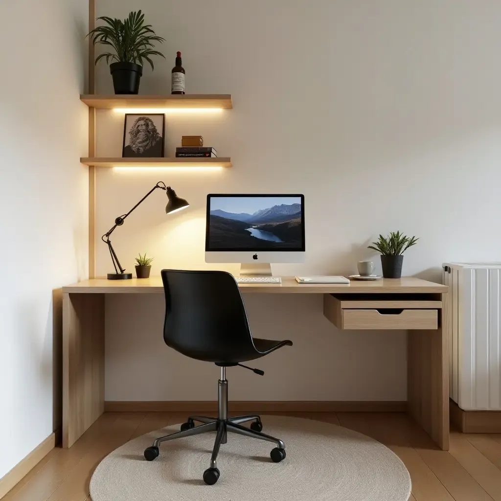 a photo of a compact desk setup in a small apartment with multifunctional furniture