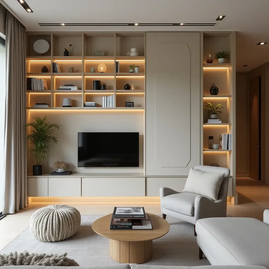 a photo of a modern living space with open shelves showcasing travel souvenirs