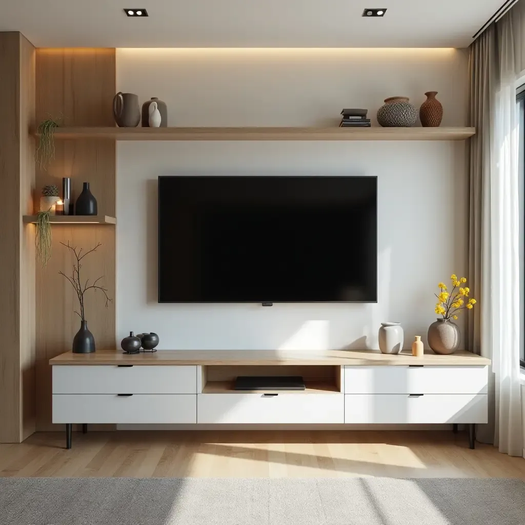 a photo of a small living room with a sleek entertainment unit and decorative accents