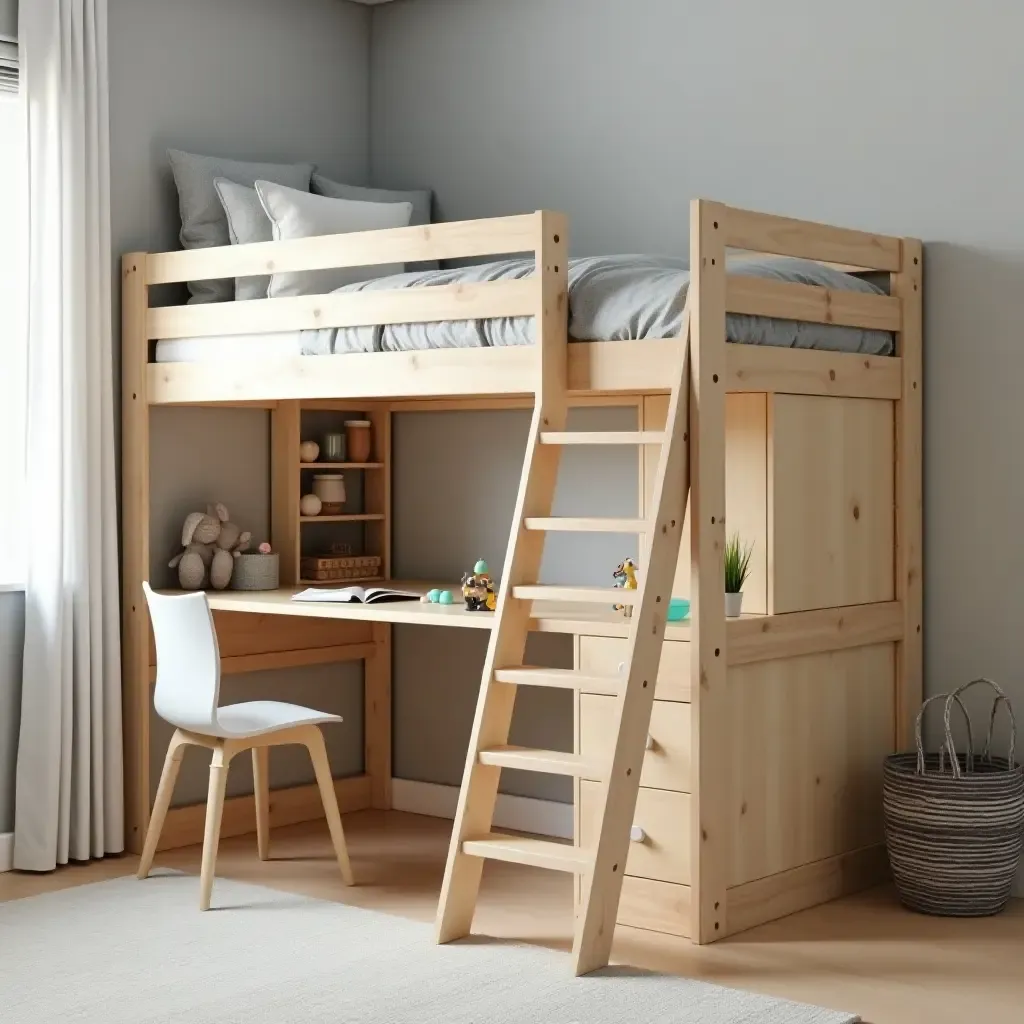 a photo of a stylish loft bed with a desk area underneath