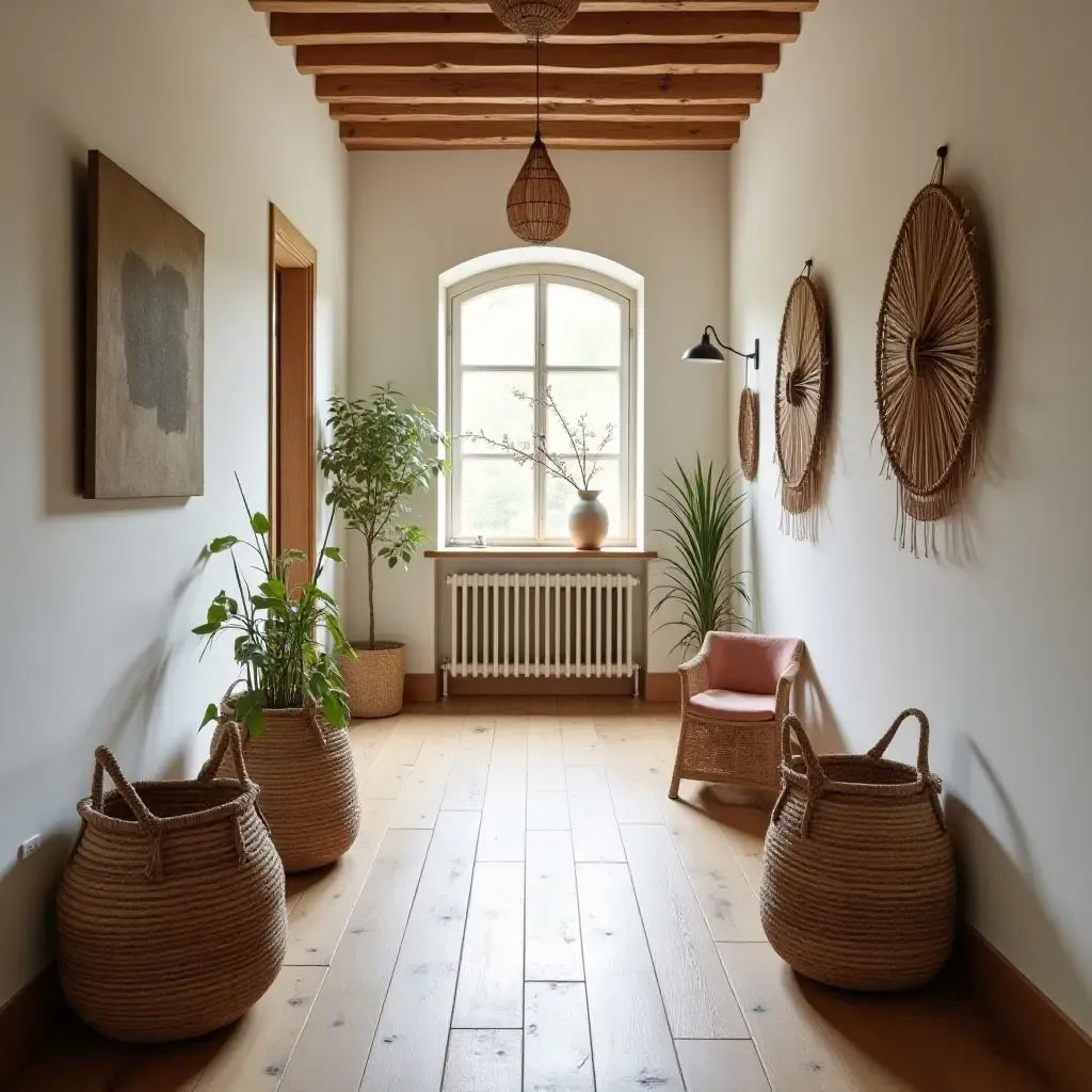 a photo of a bohemian corridor with woven baskets and hanging decor