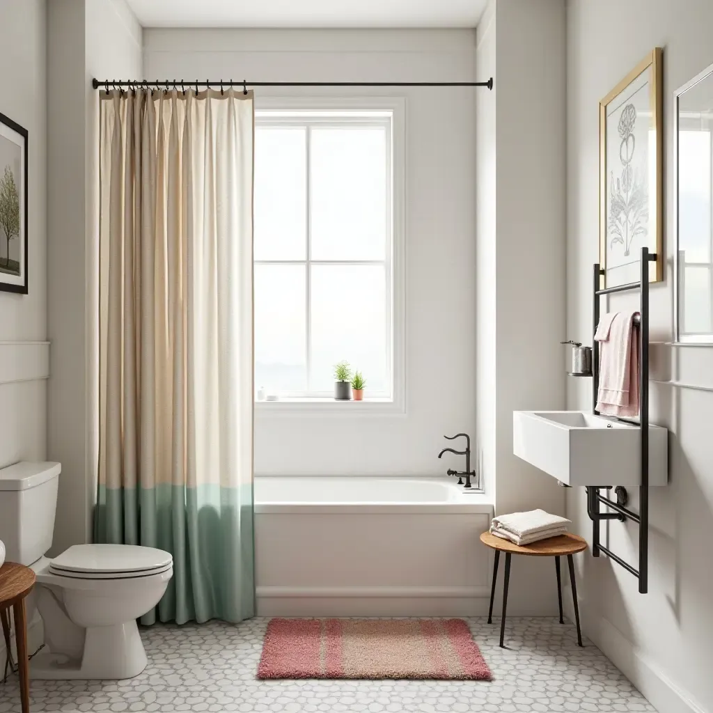 a photo of a small bathroom with a stylish shower curtain and colorful rugs