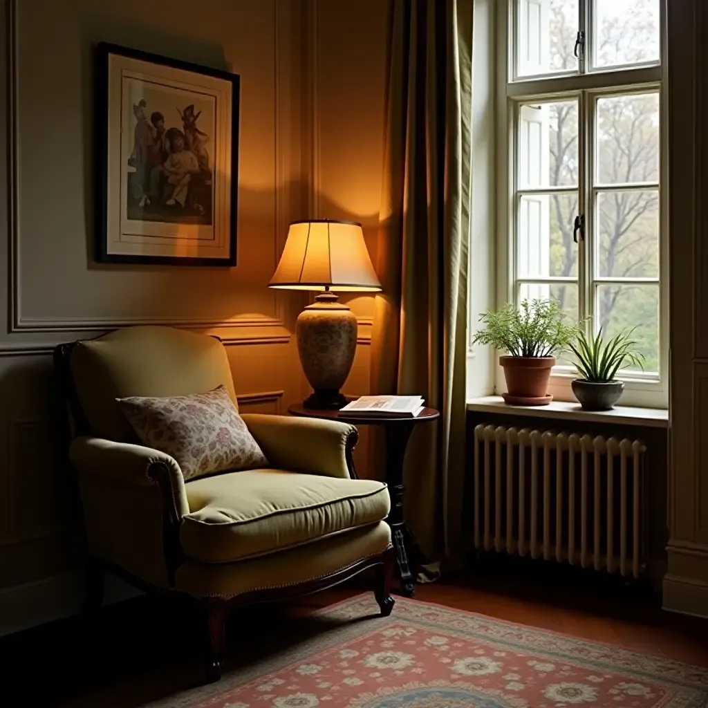 a photo of a vintage-inspired reading nook with an antique lamp and armchair