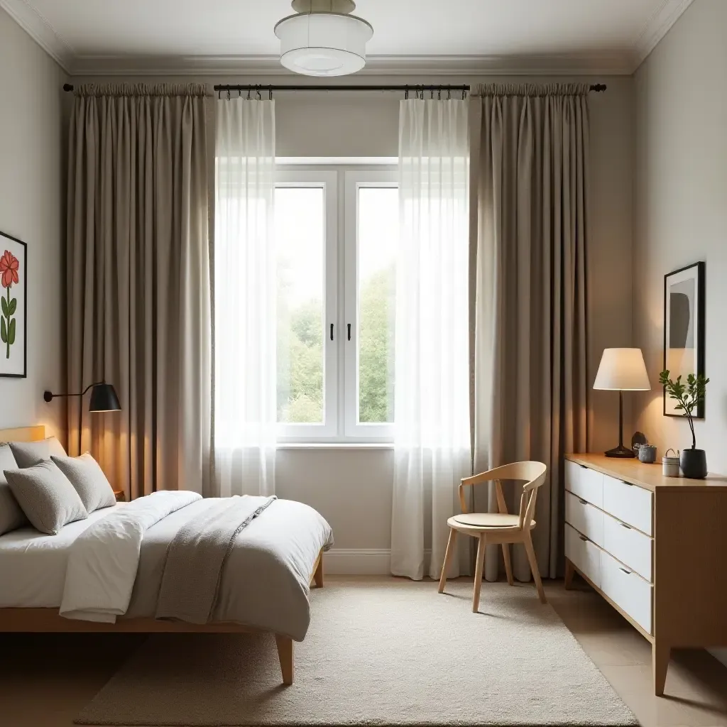 a photo of a kids&#x27; bedroom featuring fabric curtains, wooden furniture, and metal accents