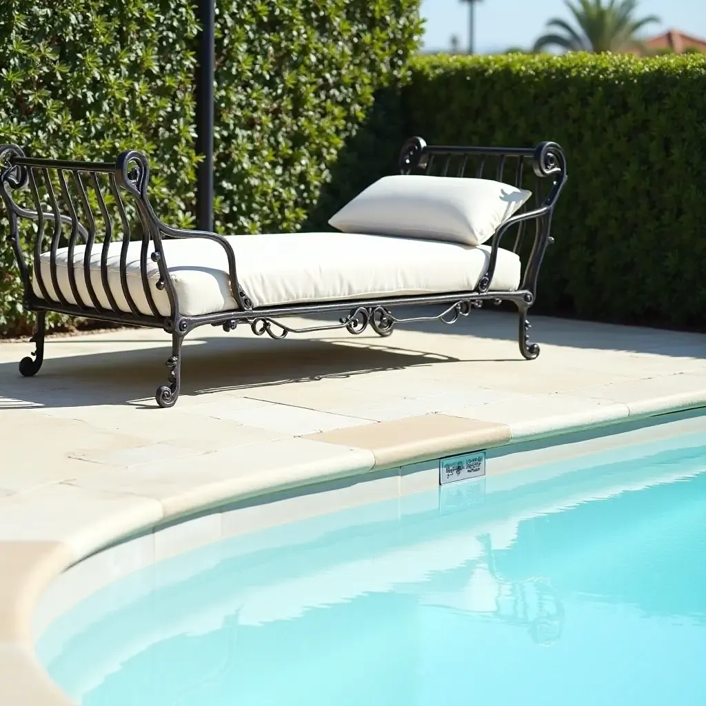 a photo of a classic wrought iron daybed beside a swimming pool