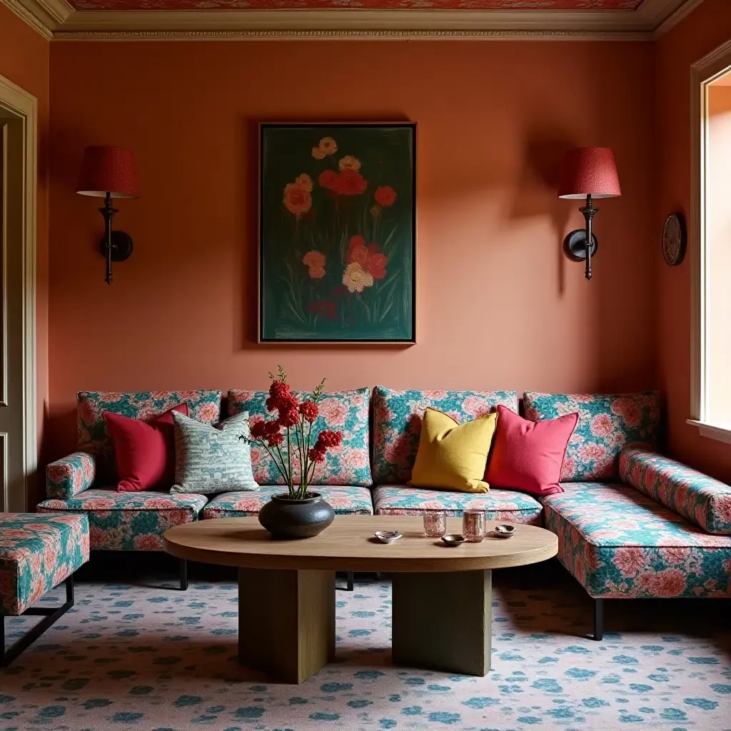 a photo of a vibrant basement with patterned fabric cushions, reclaimed wood tables, and polished metal decor