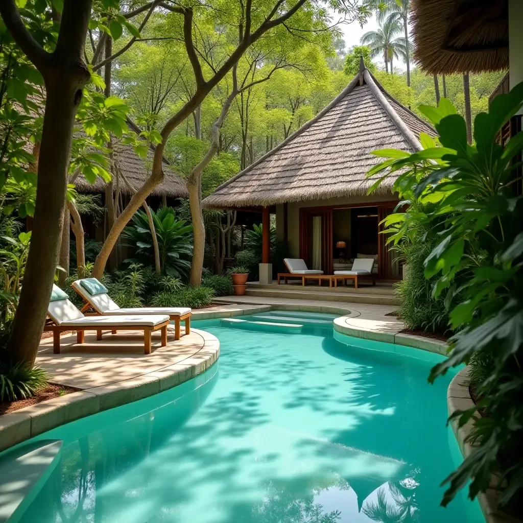 a photo of a serene pool area with comfortable hammocks and lush greenery