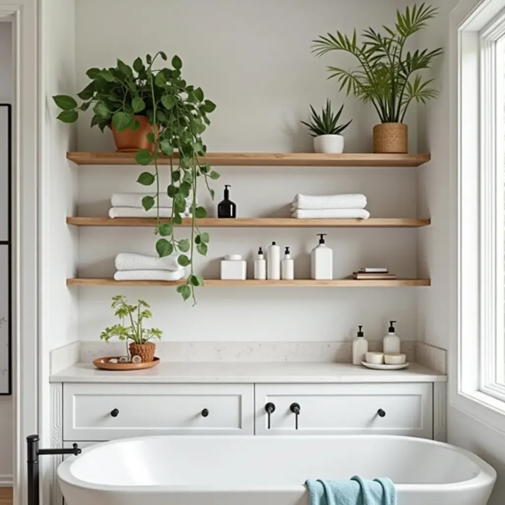 a photo of open shelves in a modern bathroom with stylish toiletries and plants