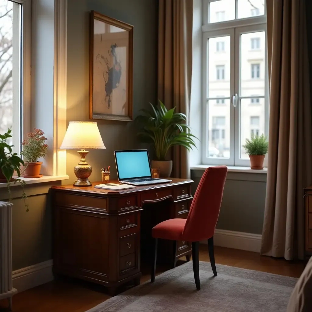 a photo of an antique desk with a laptop in a modern teen&#x27;s bedroom