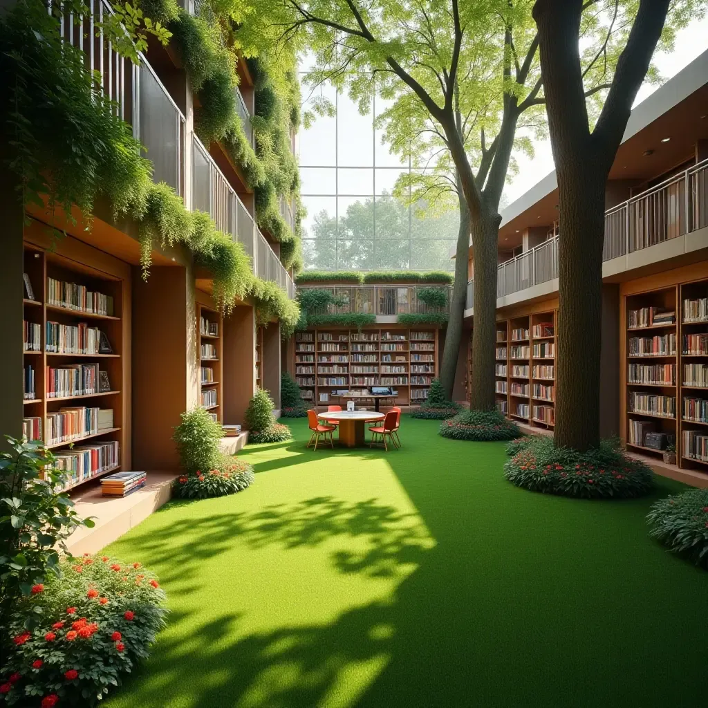 a photo of a library with a grassy reading area