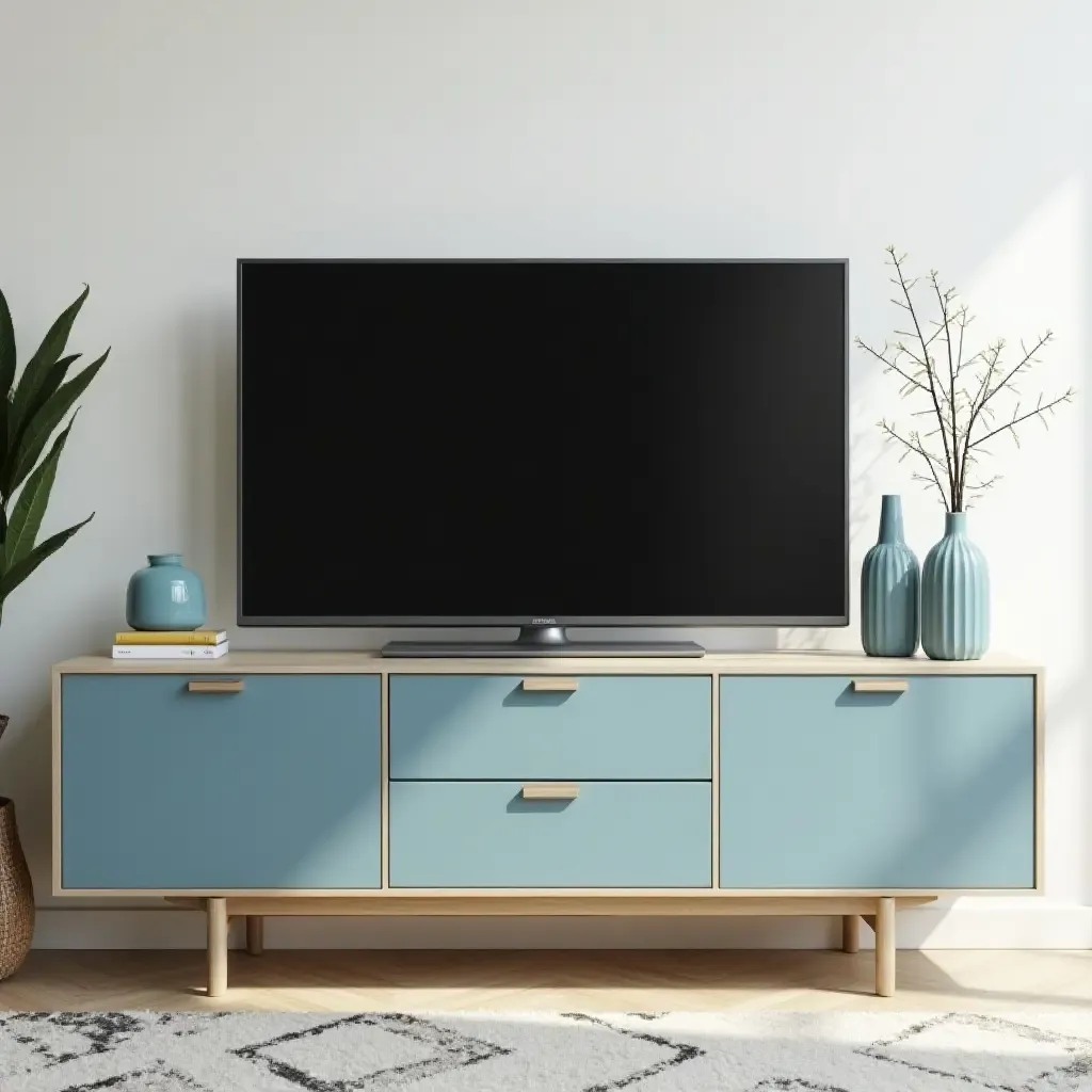 a photo of a cream and blue media console with decorative items and a large TV