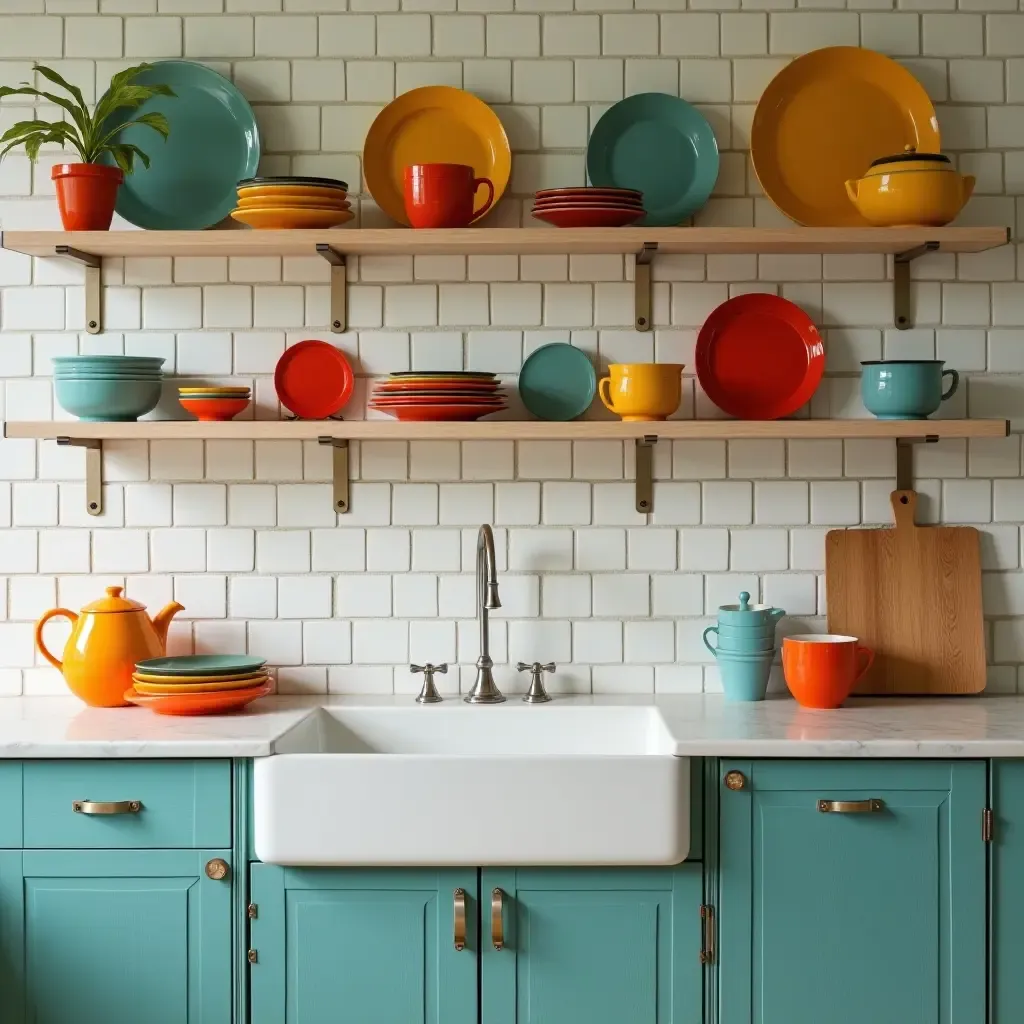 a photo of a vintage-inspired kitchen with colorful dishware and decor