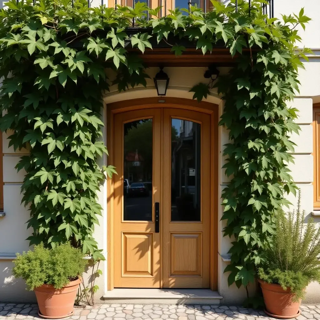 a photo of a balcony with a wooden archway covered in vines