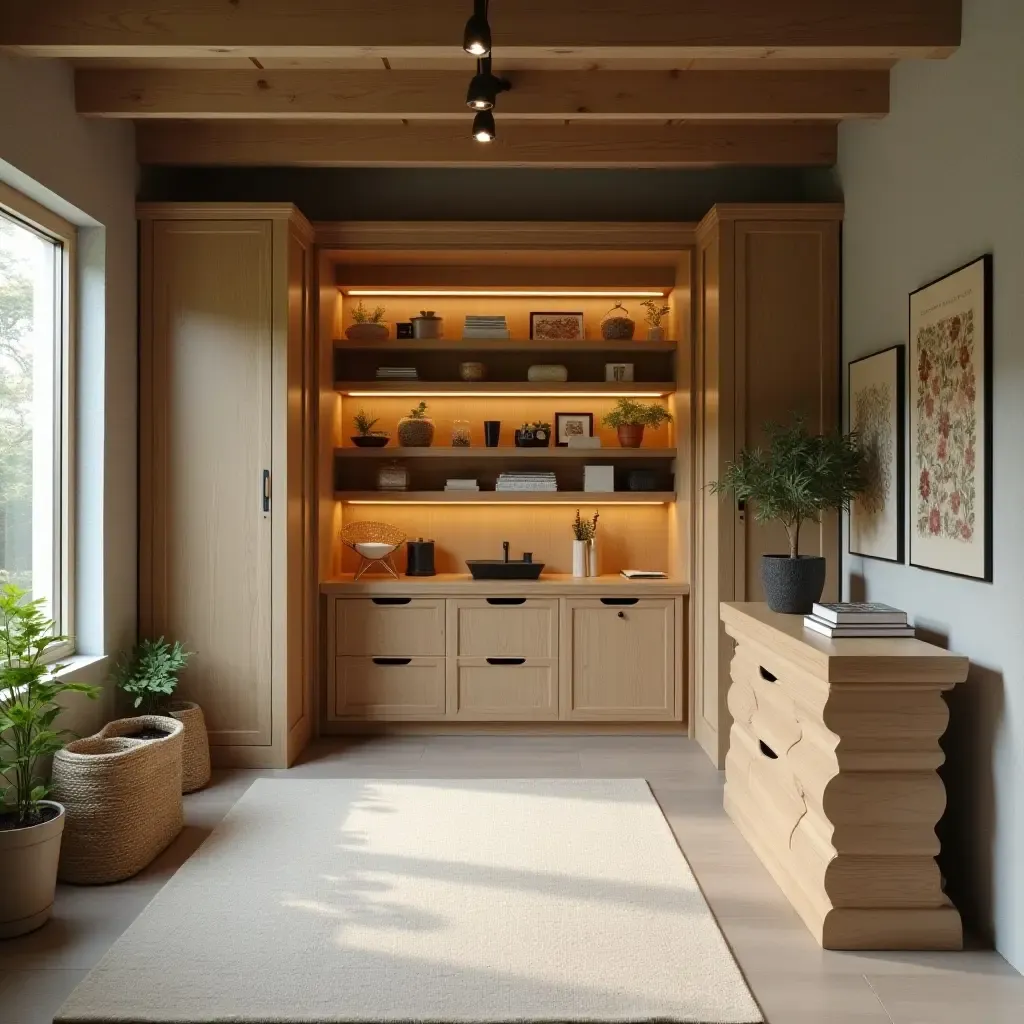 a photo of a basement with eco-friendly storage solutions