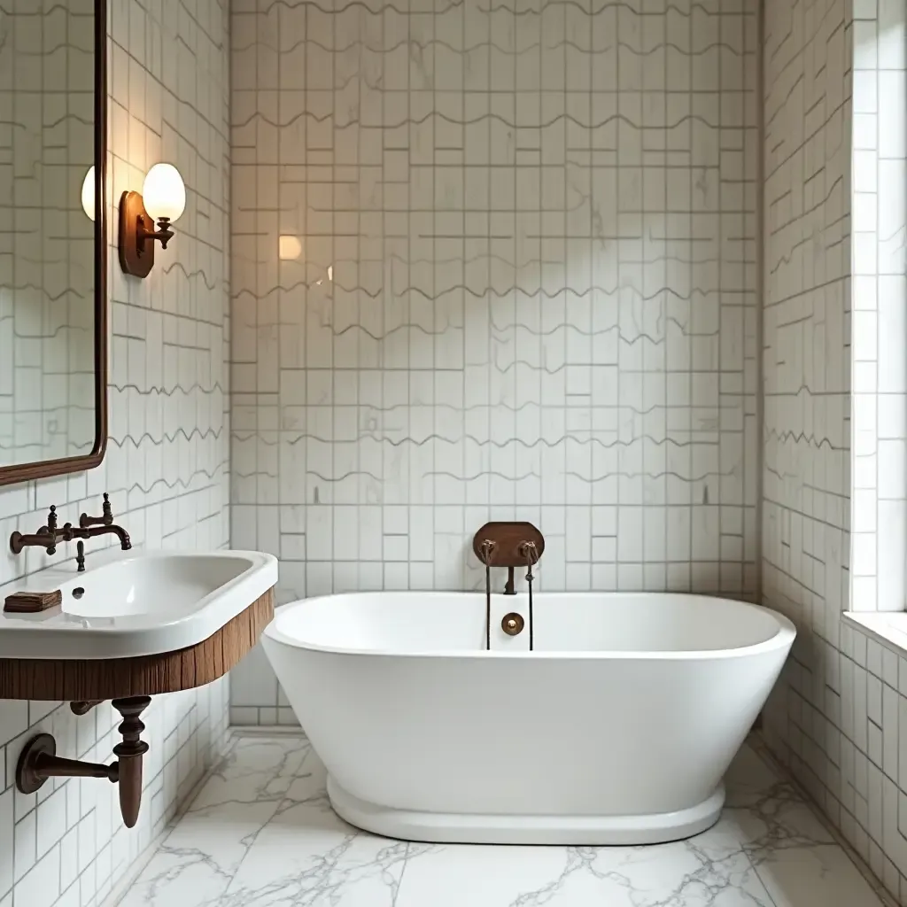 a photo of a stylish bathroom featuring vintage art deco fixtures and modern tiles